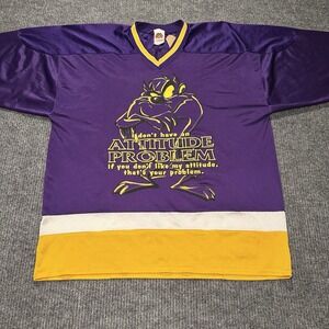 Vintage Taz‎ Looney Tunes 90s Cartoon Attitude Hockey Jersey Size Large Purple